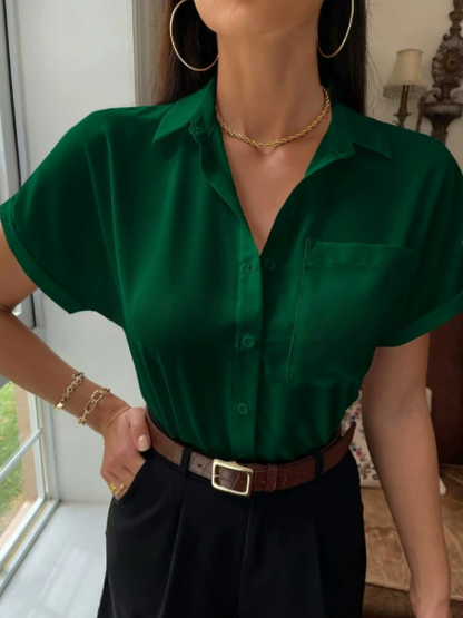 Womens Satin V Neck Shirt | Short Sleeve, Button Up, Solid Color, Casual Blouse | noémi