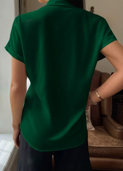 Womens Satin V Neck Shirt | Short Sleeve, Button Up, Solid Color, Casual Blouse | noémi