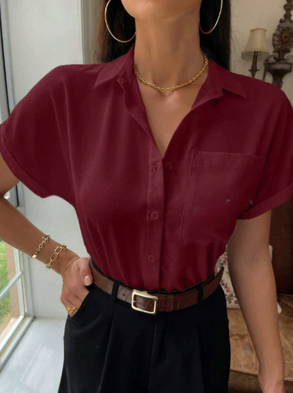 Womens Satin V Neck Shirt | Short Sleeve, Button Up, Solid Color, Casual Blouse | noémi