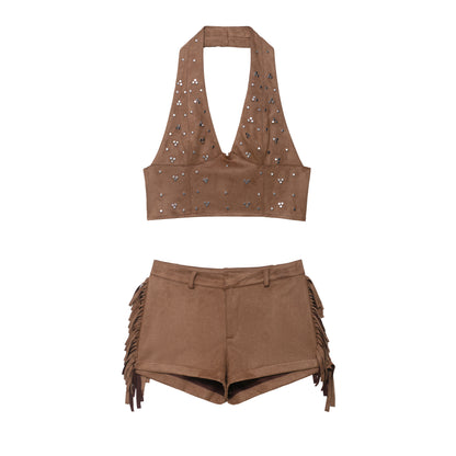 2 Piece Set for Women | Backless Halter Vest & Tassel Fringe Shorts | noémi