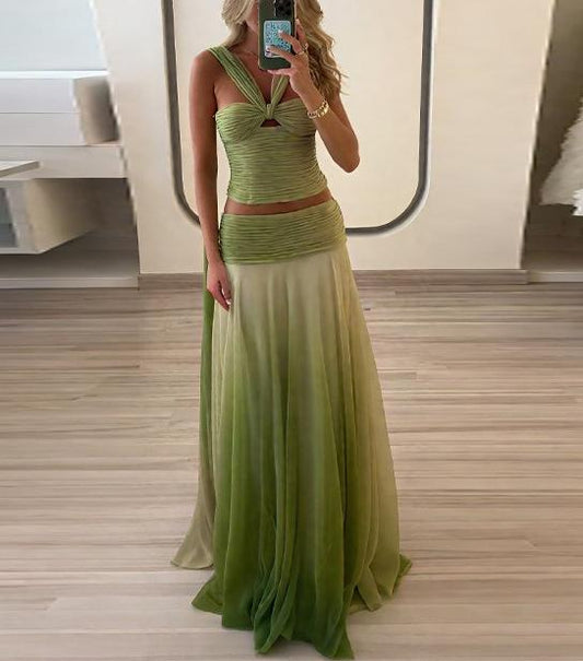 2 Piece Green Gradient Set | Pleated Crop Top & Flowing Maxi Skirt | noémi