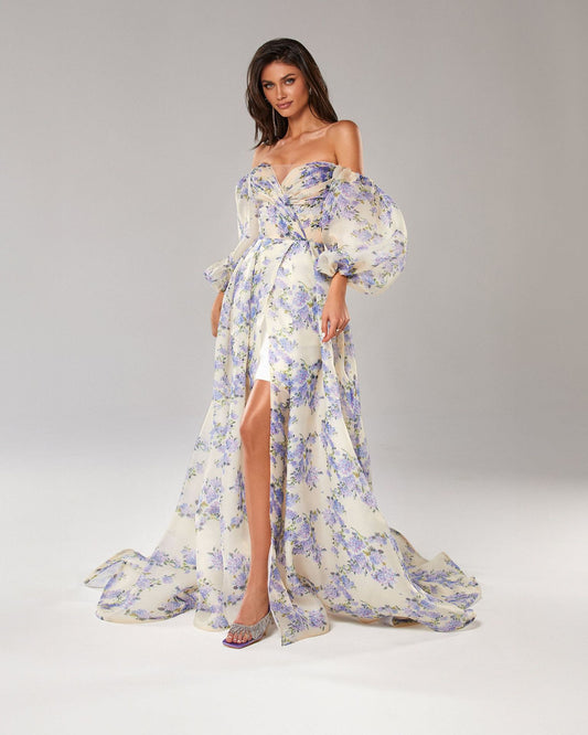 Floral Off Shoulder Dress | Split Gown with Puffy Sleeves & Corset Bodice | noémi