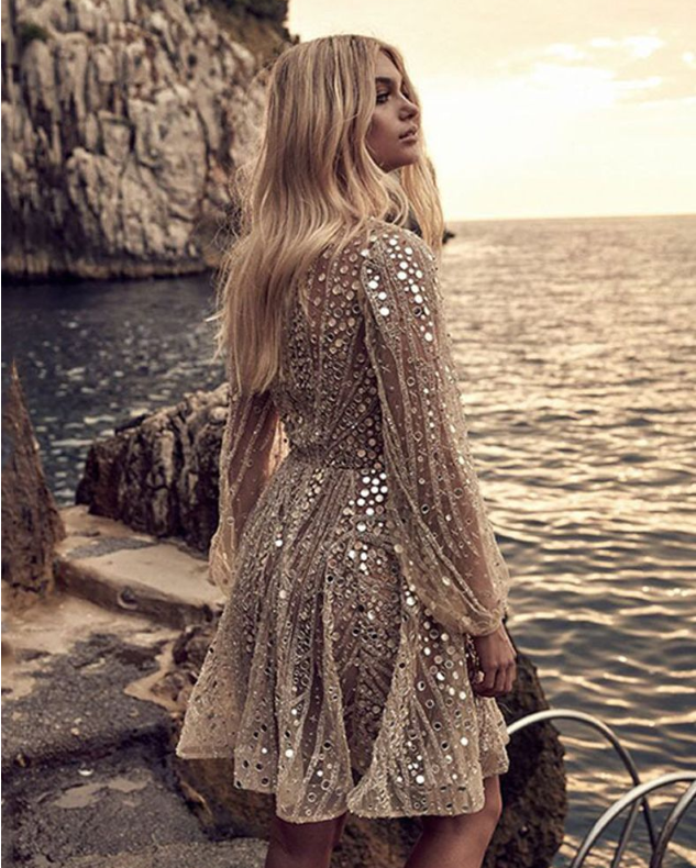 Summer Women's Sequined Midi Dress with Deep V Neck & Sheer Long Sleeves | noémi