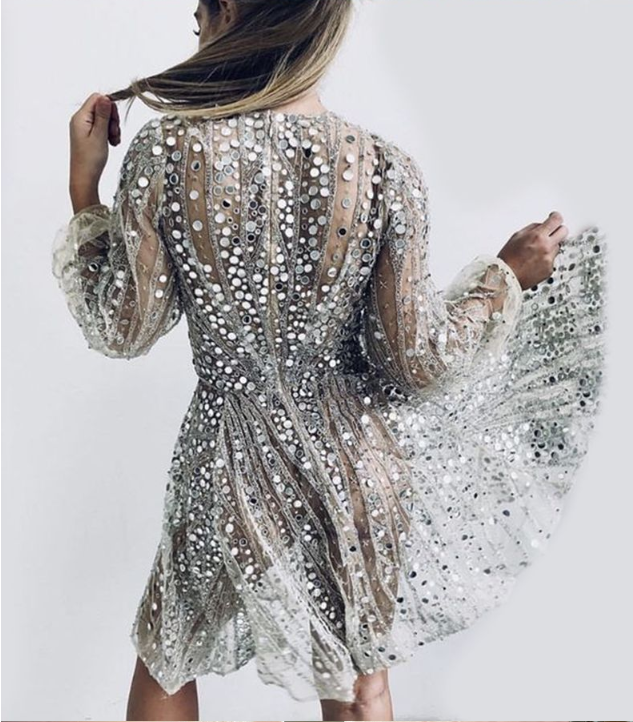 Summer Women's Sequined Midi Dress with Deep V Neck & Sheer Long Sleeves | noémi