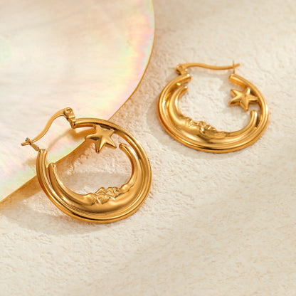 Retro Star Hoop Earrings | Gold Stainless Steel, Hollow Out Cutout Design | noémi