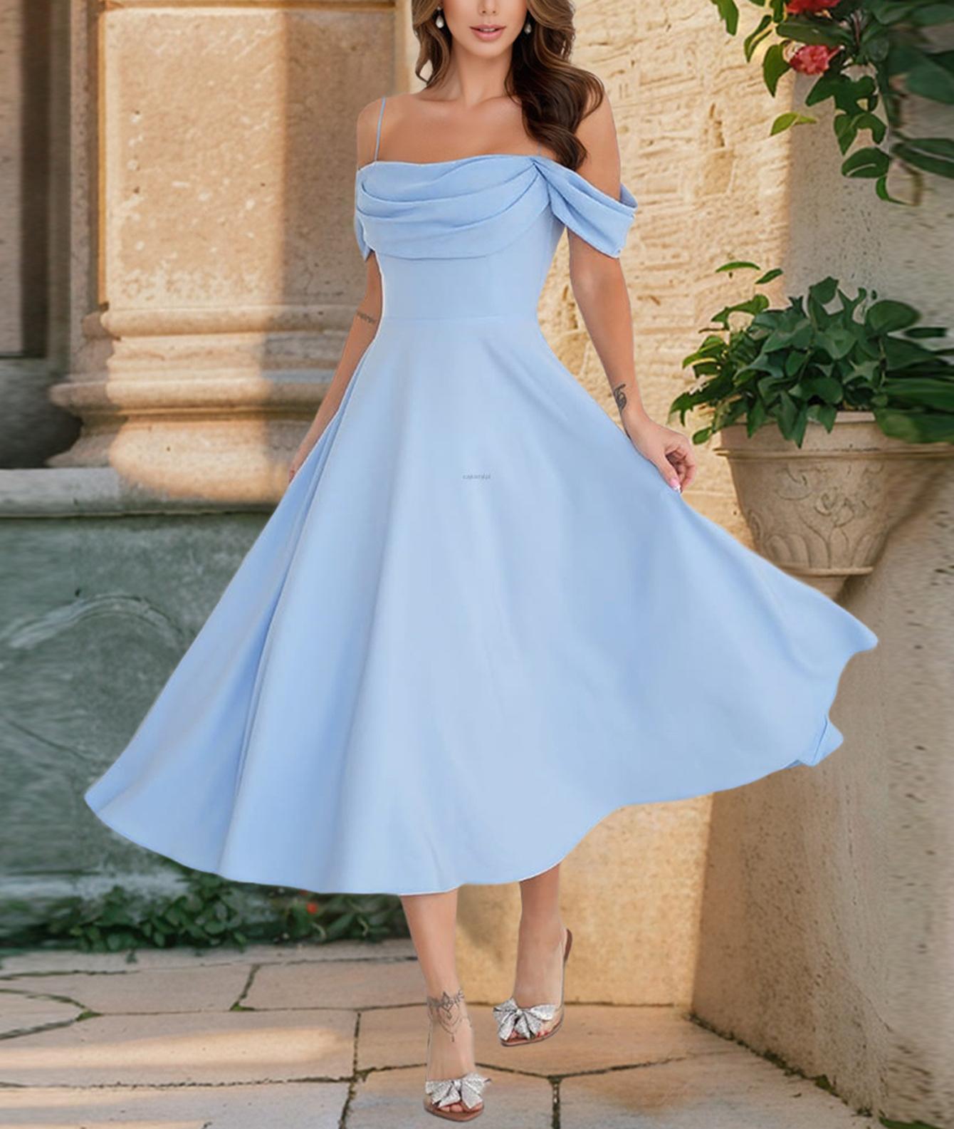 Womens Off Shoulder Pleated A Line Midi Dress | Cocktail Gown | noémi