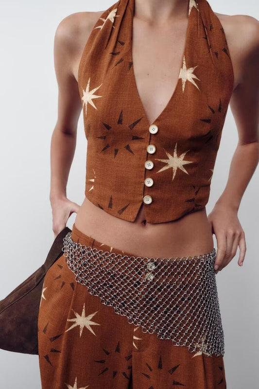Halter Vest Top & Wide Leg Pants Set | Retro Star Print 2 Piece Cord | noémi
