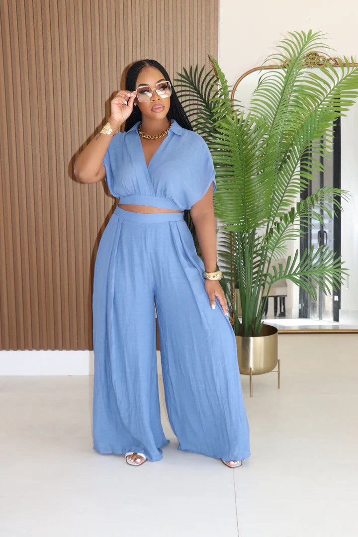 Polo Collar V Neck Batwing Top & Wide Leg Trousers Set | noémi