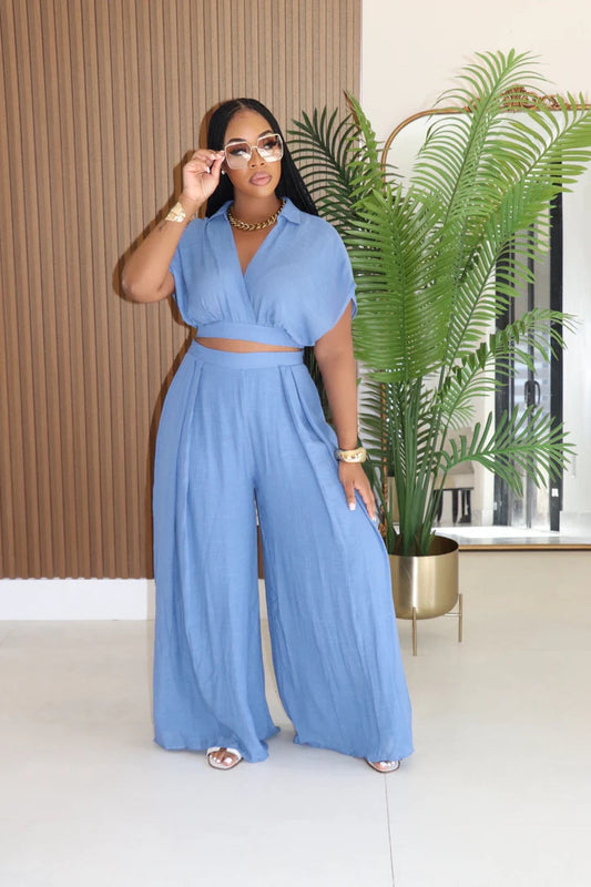 Polo Collar V Neck Batwing Top & Wide Leg Trousers Set | noémi