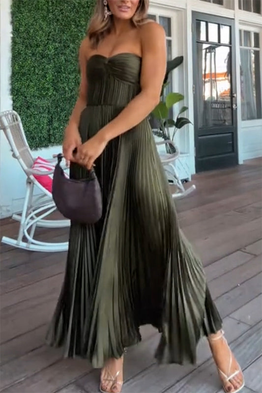 Pleated Satin Maxi Dress | Strapless Wrapped Chest | noémi