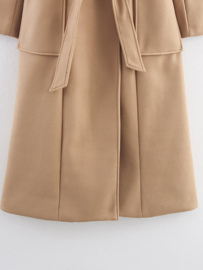 Womens Long Wool Coat with Faux Fur Collar | Bow Tie Waist, Double Pockets | noémi