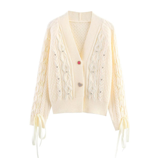 Womens Beaded Knit Cardigan | Pearl Detailing, Statement Buttons, Cream | noémi