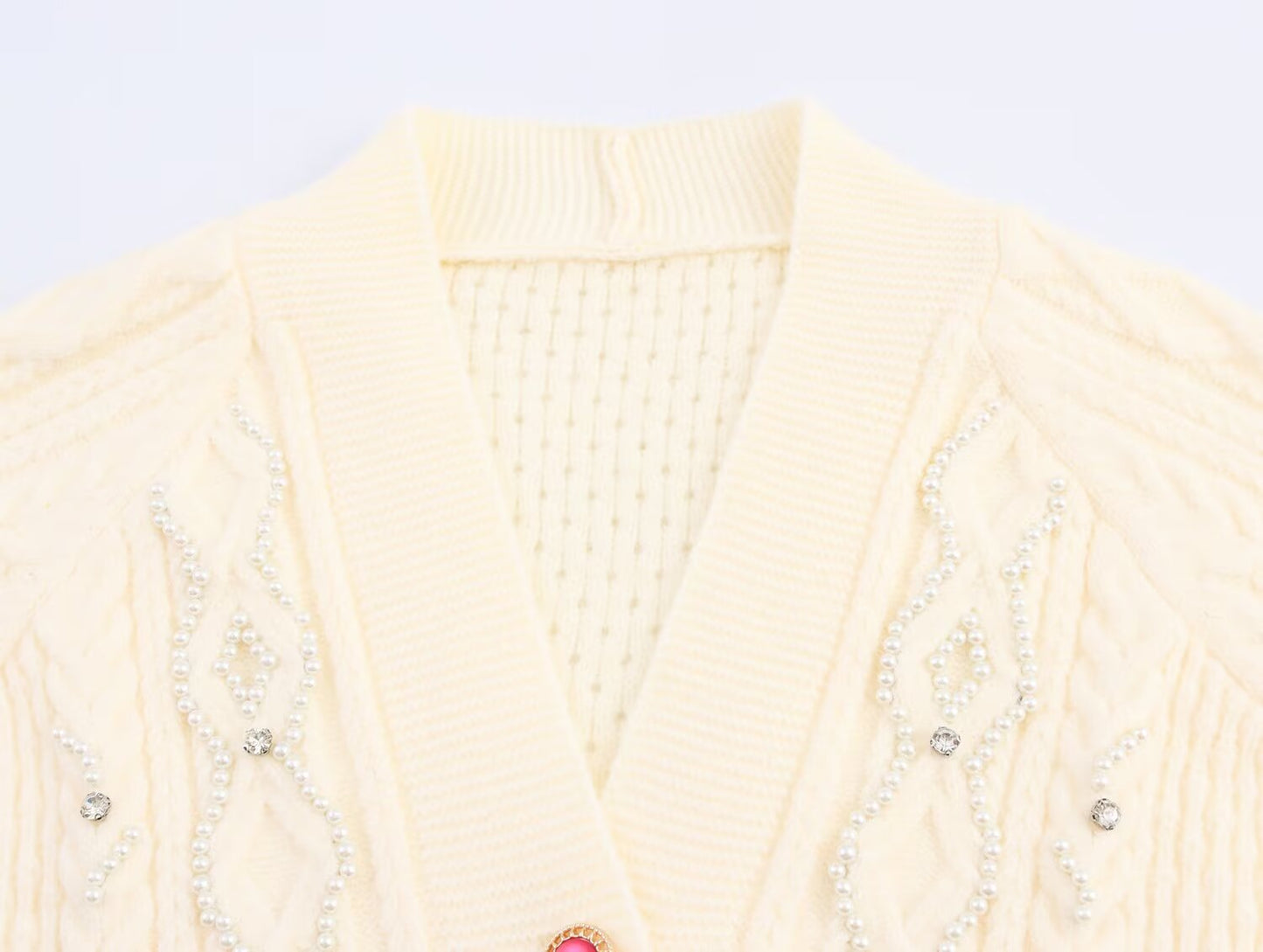 Womens Beaded Knit Cardigan | Pearl Detailing, Statement Buttons, Cream | noémi