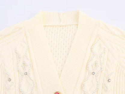 Womens Beaded Knit Cardigan | Pearl Detailing, Statement Buttons, Cream | noémi