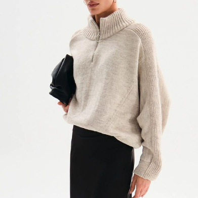 Womens Oversized Knit Sweater | Half Zip, High Neck, Soft Beige Pullover | noémi