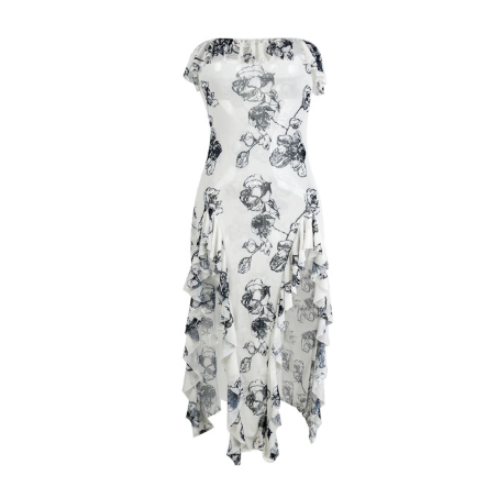 Strapless White Floral Print Bodycon Dress | High Slit, Asymmetric Hem | noémi