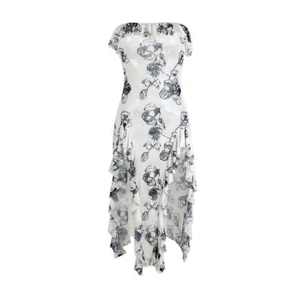 Strapless White Floral Print Bodycon Dress | High Slit, Asymmetric Hem | noémi