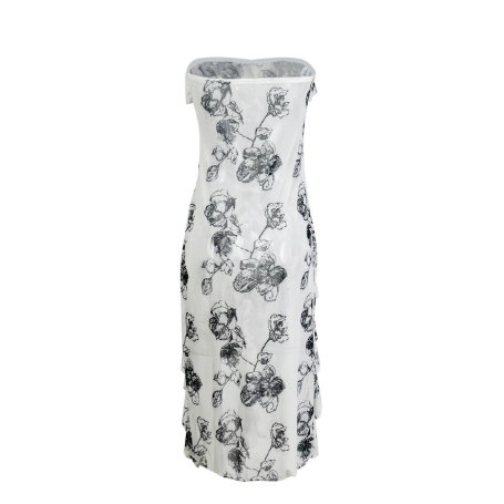 Strapless White Floral Print Bodycon Dress | High Slit, Asymmetric Hem | noémi