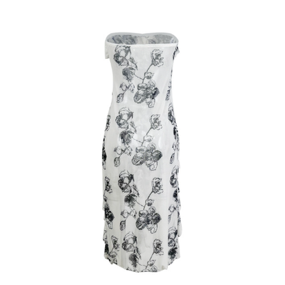 Strapless White Floral Print Bodycon Dress | High Slit, Asymmetric Hem | noémi