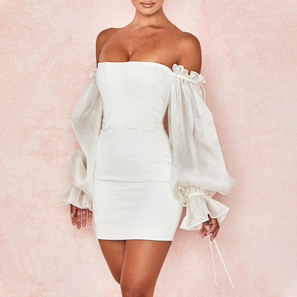 Off the Shoulder Tube Dress with Lantern Sleeves | Fitted Style | noémi