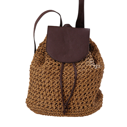 Mori Girl Straw Backpack – Summer Woven Beach Bag with Drawstring | noémi