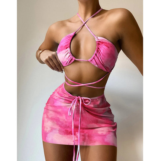 3 Piece Tie Dye Mesh Skirt Swimwear Set | Hollow Out Cutout Bandeau Bikini | noémi