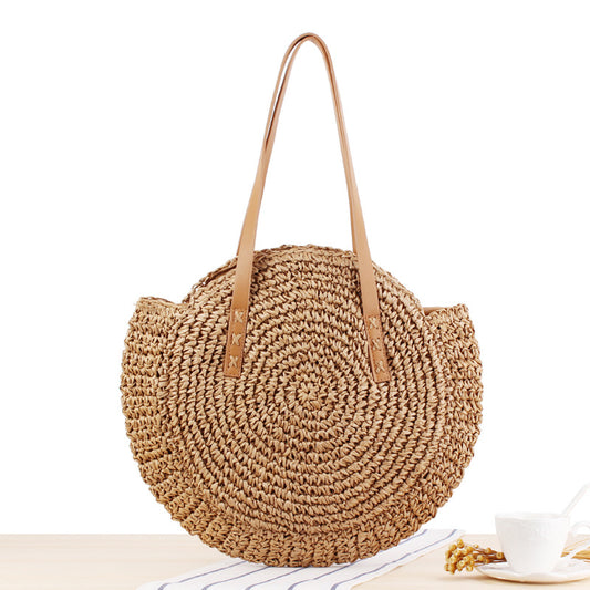 Woven Round Shoulder Straw Beach Bag – Blue Stripe Boho Tote | noémi