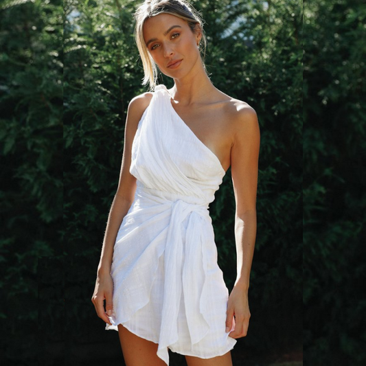 White One Shoulder Mini Dress | Asymmetrical Summer Wrap Dress | noémi