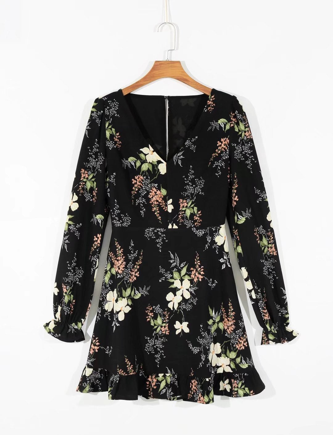 V Neck Backless Dress With Cutout Detail And Scattered Floral Ruffles | noémi