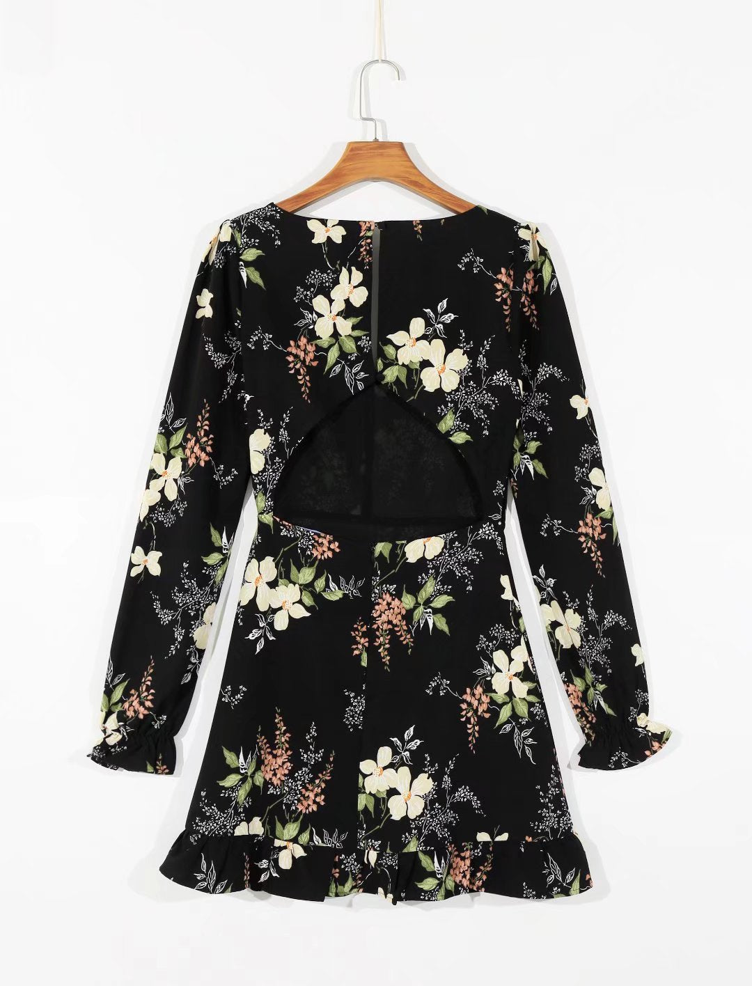 V Neck Backless Dress With Cutout Detail And Scattered Floral Ruffles | noémi