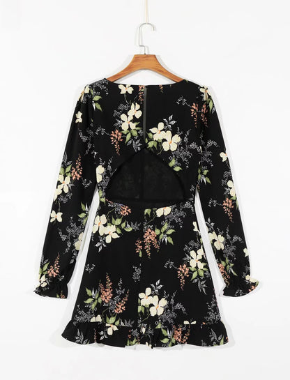 V Neck Backless Dress With Cutout Detail And Scattered Floral Ruffles | noémi