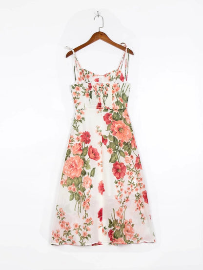 Floral Lace Up Strap A Line Mid Length Dress | noémi