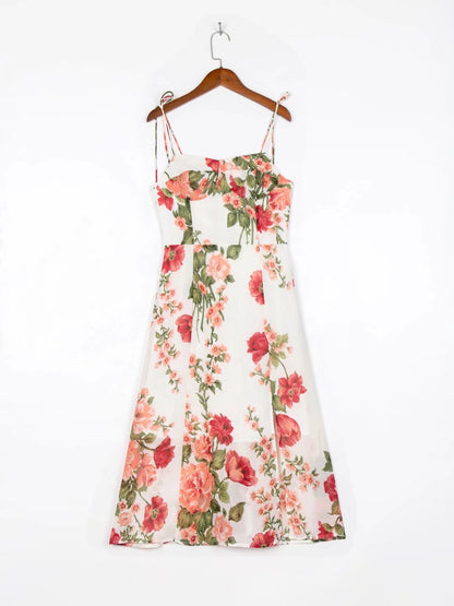 Floral Lace Up Strap A Line Mid Length Dress | noémi