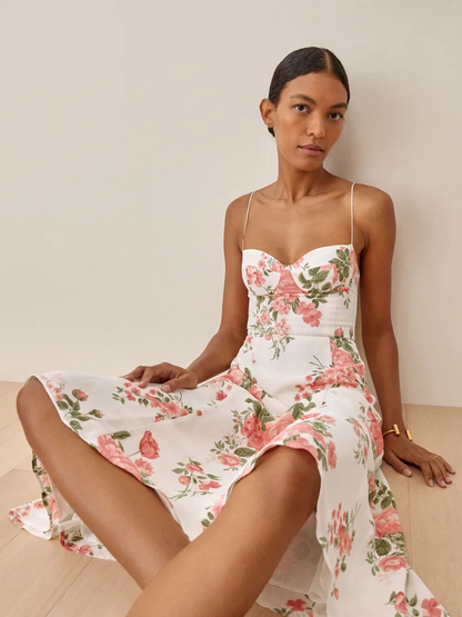 Floral Lace Up Strap A Line Mid Length Dress | noémi
