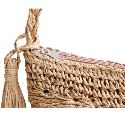 Handwoven Round Straw Crossbody Bag – Tassel Crochet Beach Tote, Brown | noémi
