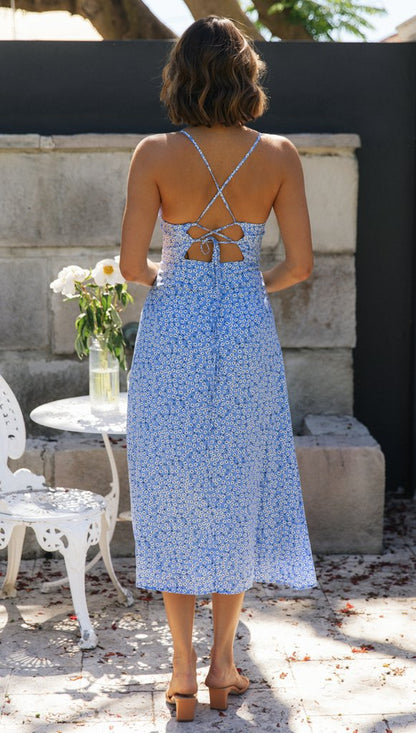 Floral Print Spaghetti Strap Back Tie Maxi Dress | noémi