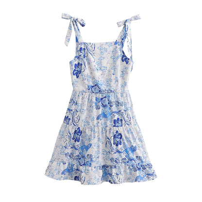 Blue Printed Tiered Dress | High Waist Tie Strap Shoulder Lace Up Dress for Women | noémi