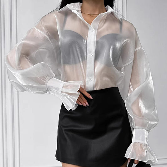 White Ruffle Top | See Through Yarn Shirt with Collared Design | noémi