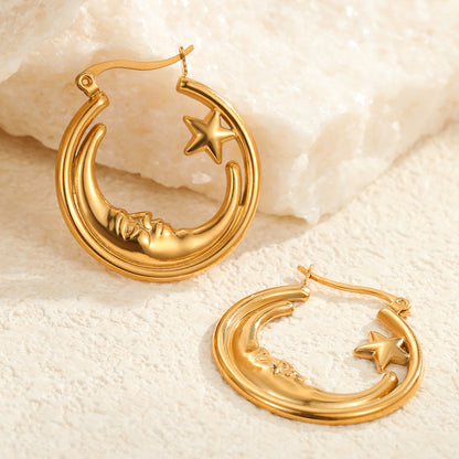 Retro Star Hoop Earrings | Gold Stainless Steel, Hollow Out Cutout Design | noémi