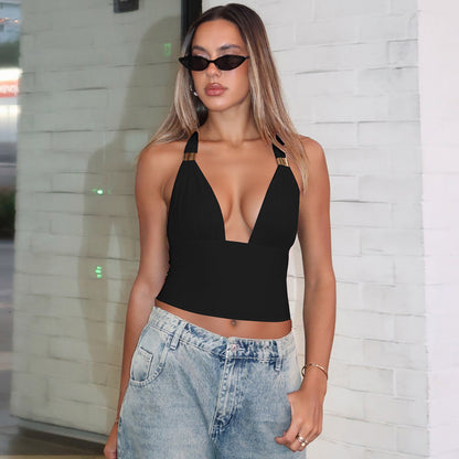 Women's Deep V Plunge Halter Crop Top with Metal Accent | Backless, Tied Tube Style | noémi