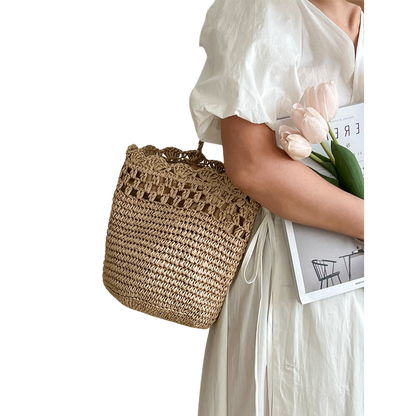 Raffia Straw Shoulder Tote Bag – Hollow-Out Lace Weave Beach Carryall, Brown | noémi