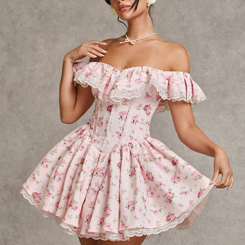 Off Shoulder Lace Trim Dress | Slim Fit Waist Contoured | noémi