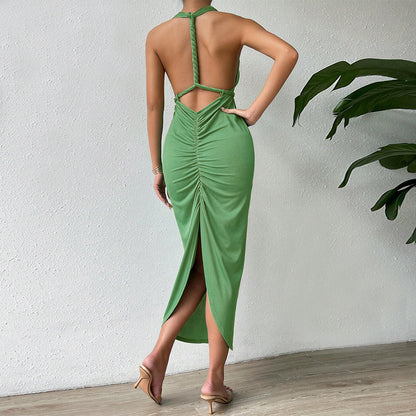 Backless Ruched Halter Maxi Dress | Sage Green | noémi