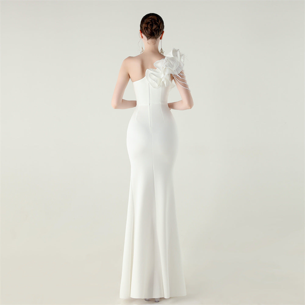 One Shoulder Floral Satin Gown | Beaded Ruffle High Slit | noémi