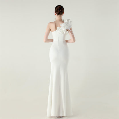 One Shoulder Floral Satin Gown | Beaded Ruffle High Slit | noémi