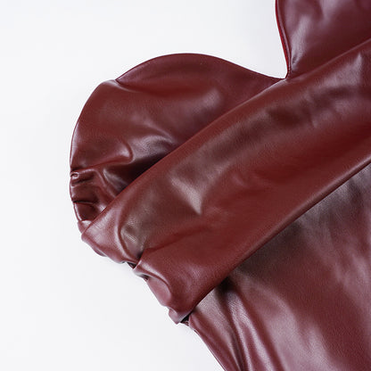 Faux Leather Bandeau Top | Asymmetric VNeck, Pleated Waist, Strapless, Wine Red | noémi