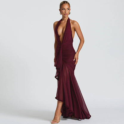 Womens Mesh Maxi Dress with V Neck Halter and Backless Design | noémi