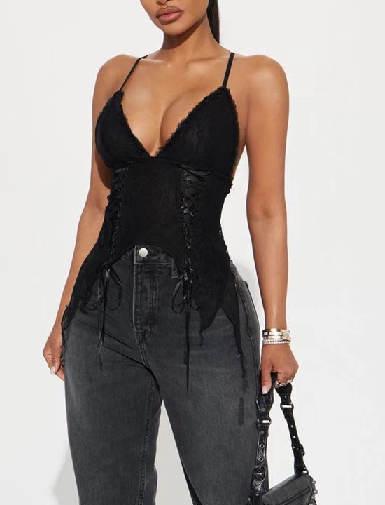 Lace Bustier Top for Women | Double Layer Shaped Strap | Deep V Neck Backless Slim Fit | noémi