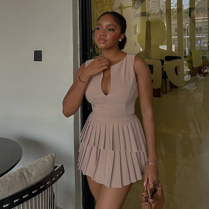 VNeck A Line Mini Dress | High Waist, Pleated, Fit | noémi