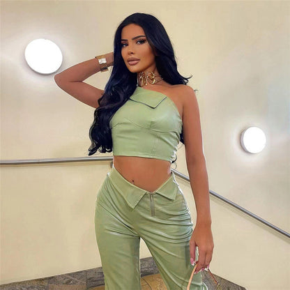 Womens Faux Leather Two Piece Set | Collar Crop Vest High Waist Straight Leg | noémi